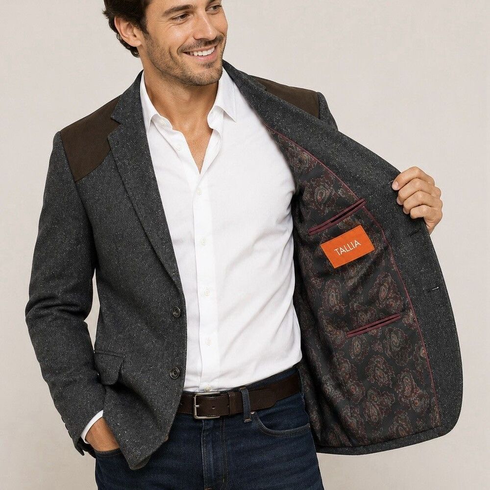 Tallia Mens 42R Blazer Sport Coat Gray Western Shoulder Patch Paisley NWOT
